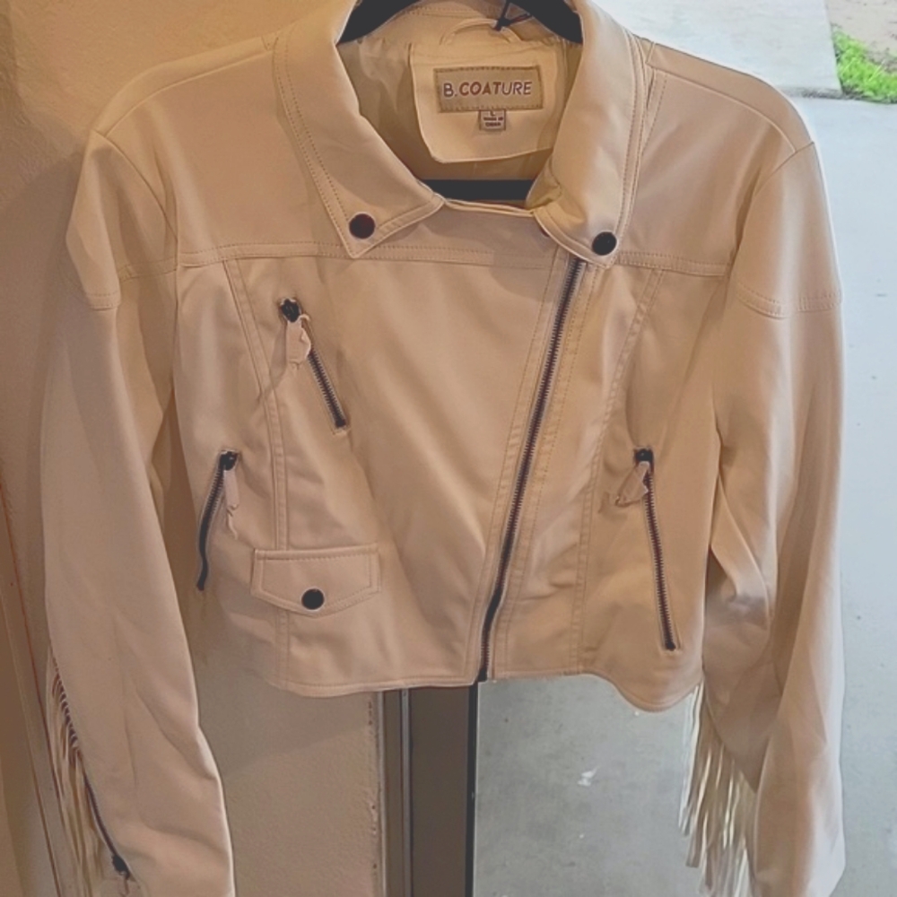 Faux White Fringe Leather Jacket -B. Coature Large